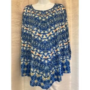 Ruby Rd Woman 3X Blue Geometric Print Embellished Long Sleeve Tunic Top